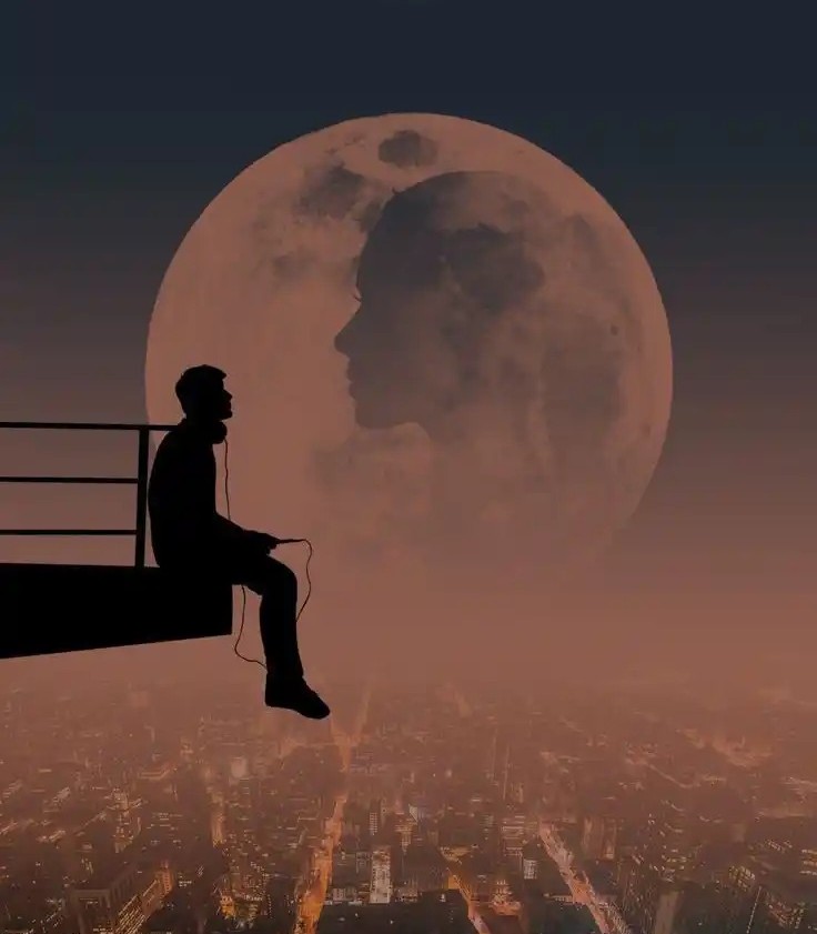 Alone Man with Big Moon at Night