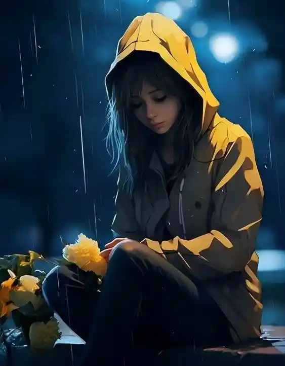 sad cartoon girl in rain
