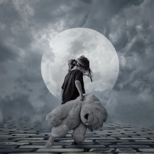 walking little girl with teddy bear
